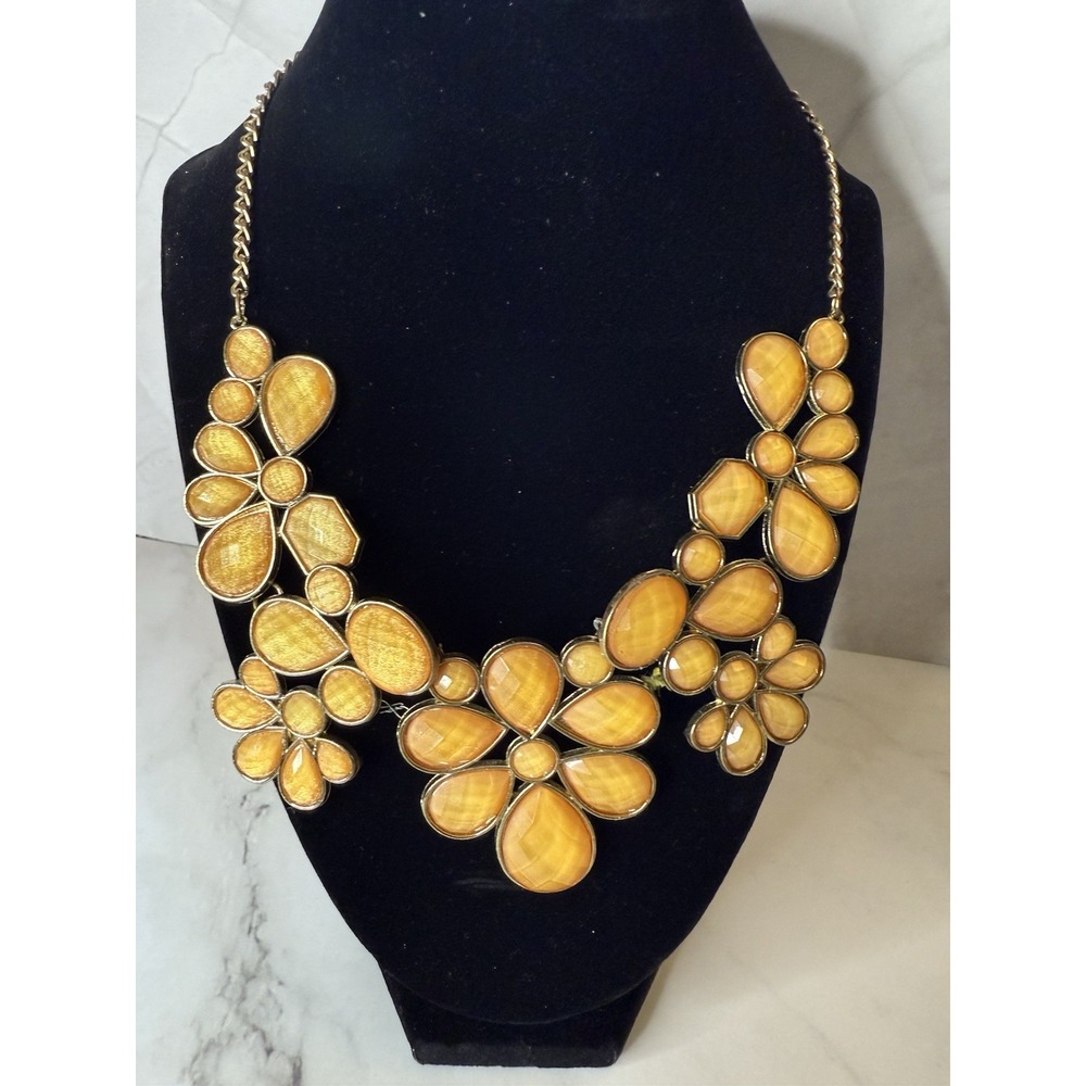 Fashion necklace large‎ statement yellow gold tone flowers faceted stones